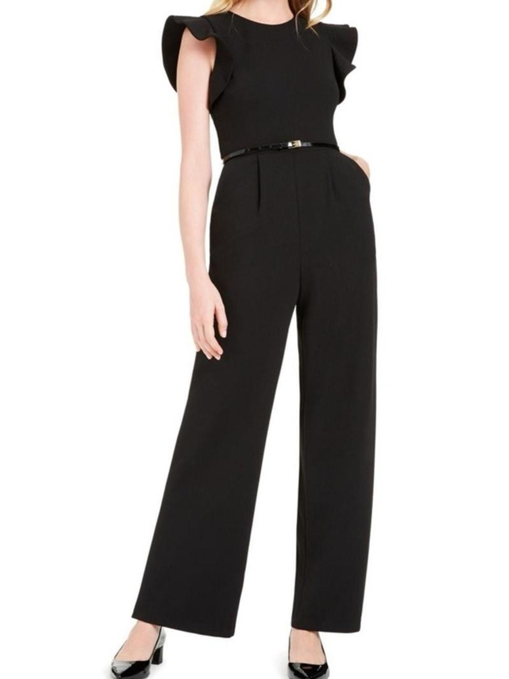 Calvin Klein Ruffle-Sleeve Wide-Leg Jumpsuit All Black One-Piece Dress Suit
